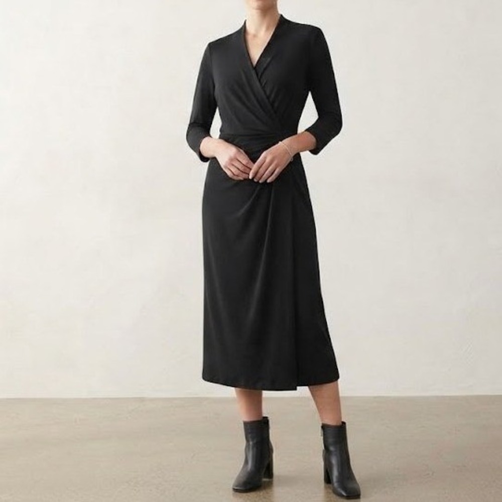J. Jill Wearever Wrap Dress Womens L Petite Black Draped Midi Long Sleeve NWT
